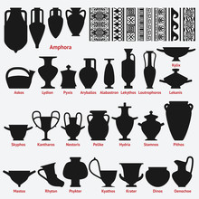 Set Of Antique Greek Vases And Border Decoration Seamless Patterns