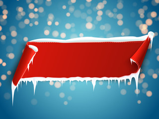 Wall Mural - red banner with snow and icicles on blue bokeh background.