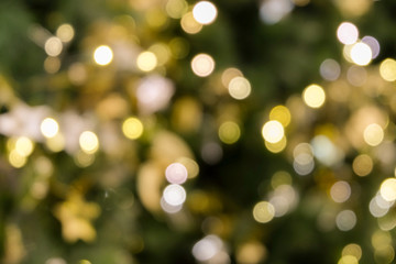 christmas tree bokeh light in green yellow golden color, holiday abstract background, blur defocused