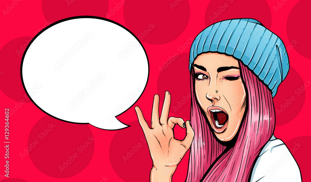 Fotografija Pop Art Vintage advertising poster comic girl with speech bubble