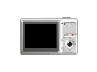 back silver digital compact camera with the blank black screen d