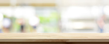 Wood Table Top On Blur Kitchen Window Background, Panoramic Banner