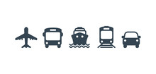 Transport Icons. Airplane, Public Bus, Train, Ship/Ferry And Auto Signs. Shipping Delivery Symbol. Air Mail Delivery Sign. Vector