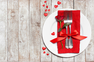 Poster - Love or valentine's day concept with vintage cutlery, red roses