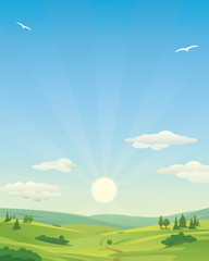 sunrise over idyllic landscape illustration