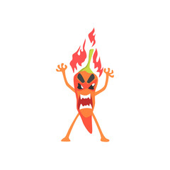 Wall Mural - Angry Red Hot Chili Pepper Humanized Emotional Flat Cartoon Character Burning In Flames With Rage