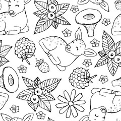 Wall Mural - Seamless doodle pattern with cute deer, fox, flowers and berries. Children illustration 