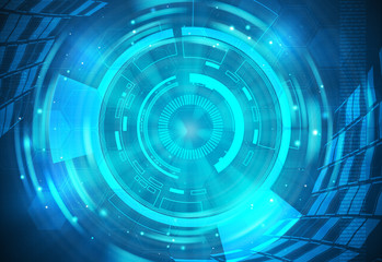 Wall Mural - blue technology background and abstract digital tech circle fractal radial.