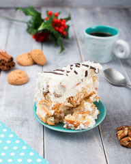 Homemade pie with sour cream and cap of coffee on the wooden bac