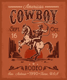 Fototapeta  - Rodeo poster with a cowboy sitting on  rearing horse in retro style