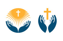 Hands Holding Cross, Icons Or Symbols. Religion, Church Vector Logo