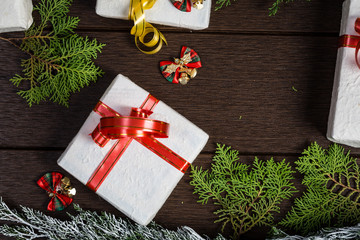 Gift boxes top view with copy space on dark table background, Pr