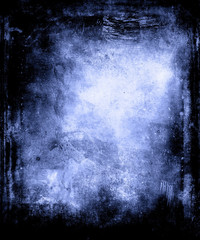 Abstract blue grunge scary texture background with black frame and faded central area for your text or picture