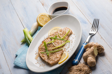 Sticker - roasted swordfish with leek ginger and sesame seed