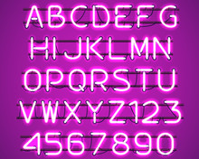 Glowing Purple Neon Alphabet With Letters From A To Z And Digits From 0 To 9 With Wires, Tubes, Brackets And Holders. Shining And Glowing Neon Effect. Vector Illustration.