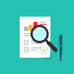 Wall Mural - analytics data research icon vector, analysis on paper sheet document via magnifier, statistics resu