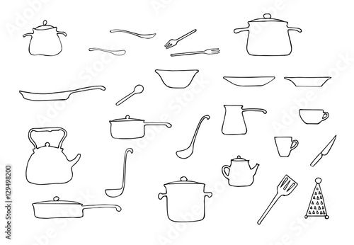 Set Of Hand Drawn Vector Kitchen Utensils Pans Pots Coffee Pot