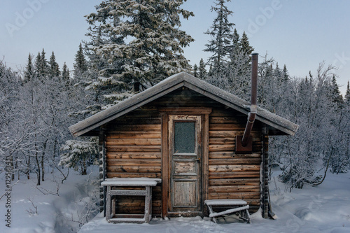 Cabin In The Woods In Snowy Frozen Forest Landscape Buy This