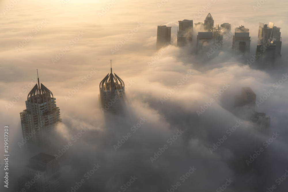 Rare early morning winter fog above the Dubai Marina skyline and skyscrapers ahead of sunrise in Dubai, United Arab Emirates. - obrazy, fototapety, plakaty 