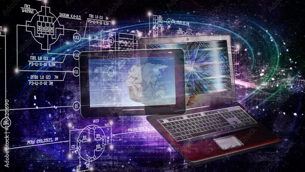 Innovative computer with engineering scheme Stock Photo | Adobe Stock