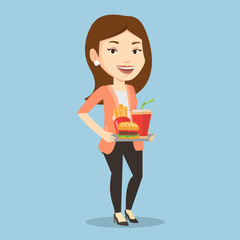 Sticker - Woman holding tray full of fast food.