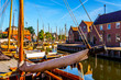 Traditional Dutch Botter Fishing Boats in the Harbor of the historic village of Spakenburg-Bunschoten. The village was once a major fishing center on the now dammed IJselmeer