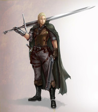Character Cartoon Illustration Of A Male Fantasy Warrior With Sword And Shotgun. Character Design With Hunter And Warrior In Fantasy Fiction Concept.