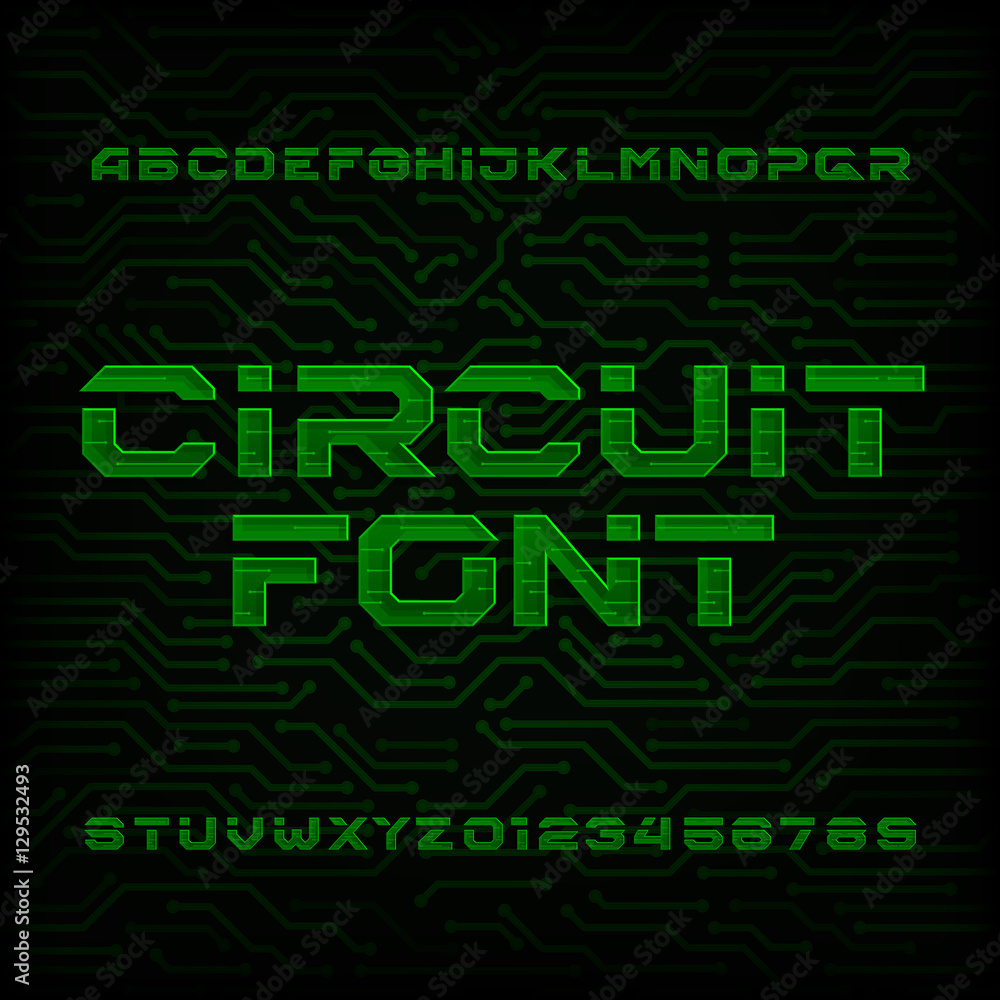 Semiconductor Lettering Futuristic circuit board alphabet vector font. Type letters and numbers ...