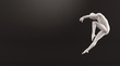 Abstract white plastic human body mannequin over black background. Action dance jump ballet pose. 3D rendering illustration