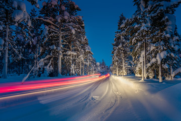 Wall Mural - Winter Driving - Lights of car and winter road in forest at nigh