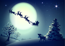 Santa Claus In Sleigh And Reindeer Sled On Background Of Full Moon In Night Sky Christmas