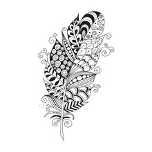 Hand Drawn Zentangle Feather On White Background
