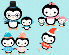 Cute Cartoon Winter Penguin Family In Flat Style With Mother, Father And Children For Christmas Cards