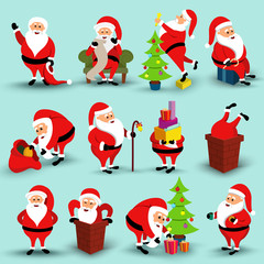 Wall Mural - Collection of Christmas smiling Santa Claus character. Cartoon bearded man in festive costume Santa Claus in different poses. Vector xmas illustration