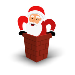 Wall Mural - Christmas smiling Santa Claus character in chimney. Cartoon happy bearded man in festive costume Santa Claus. Vector xmas illustration