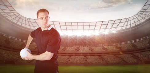 Poster - Composite image of rugby player about to throw a rugby ball 3D