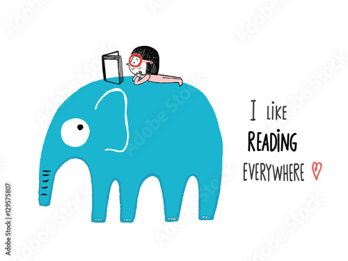 Fotografía I Like Reading Everywhere. Girl with a book on an elephant, hand