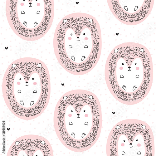 Cotton fabric seamless cute hedgehog pattern vector illustration