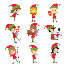 Set Of Elves Kids Cartoon Character. Vector Icons Isolated On White Background.