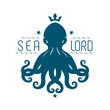 Template for tattoo, label, logo with silhouette of symmetrical octopus, crown and words – Sea lord. Vector. Blue danger cartoon character with curling tentacles swimming underwater, isolated.