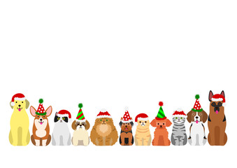 Wall Mural - cats and dogs border set with christmas party hat