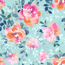 Soft Pink And Orange Flowers On A Blue Background - Seamless Print