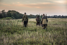 Hunting Scene With Hunters Going Through Rural Field During Hunting Season In Overcast Day During Sunset With Moody Sky 