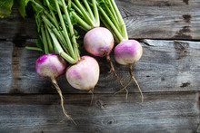 Rustic Organic Turnips On Genuine Wood Background For Vegetarian Food