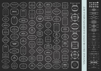 frames mega set on chalkboard. calligraphic design elements. dividers. signboards. labels. crowns.