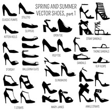 Set Of Vector Women Spring And Summer Shoes Isolated On White Background