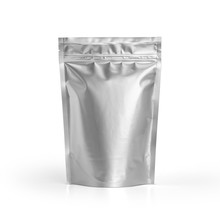 Blank Foil Plastic Pouch Coffee Bag Isolated On White Background. Packaging Template Mockup Collection. With Clipping Path Included. Aluminium Coffee Package.