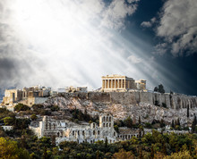 Parthenon Temple On Athenian Acropolis Bathed In The Light Of Go