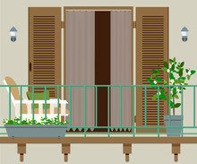 Balcony With Furniture And Flowerpots