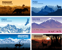 Vector Set Of Panorams Countries South America - Chile, Peru, Argentina, Bolivia, Paraguay,  Uruguay